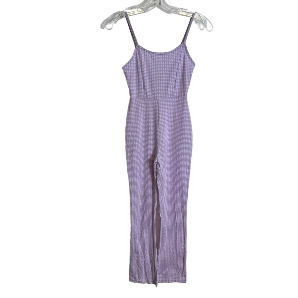 Urban Outfitters Womens XS Jumpsuit Purple Checkered Sleeveless Boot Cut Stretch
